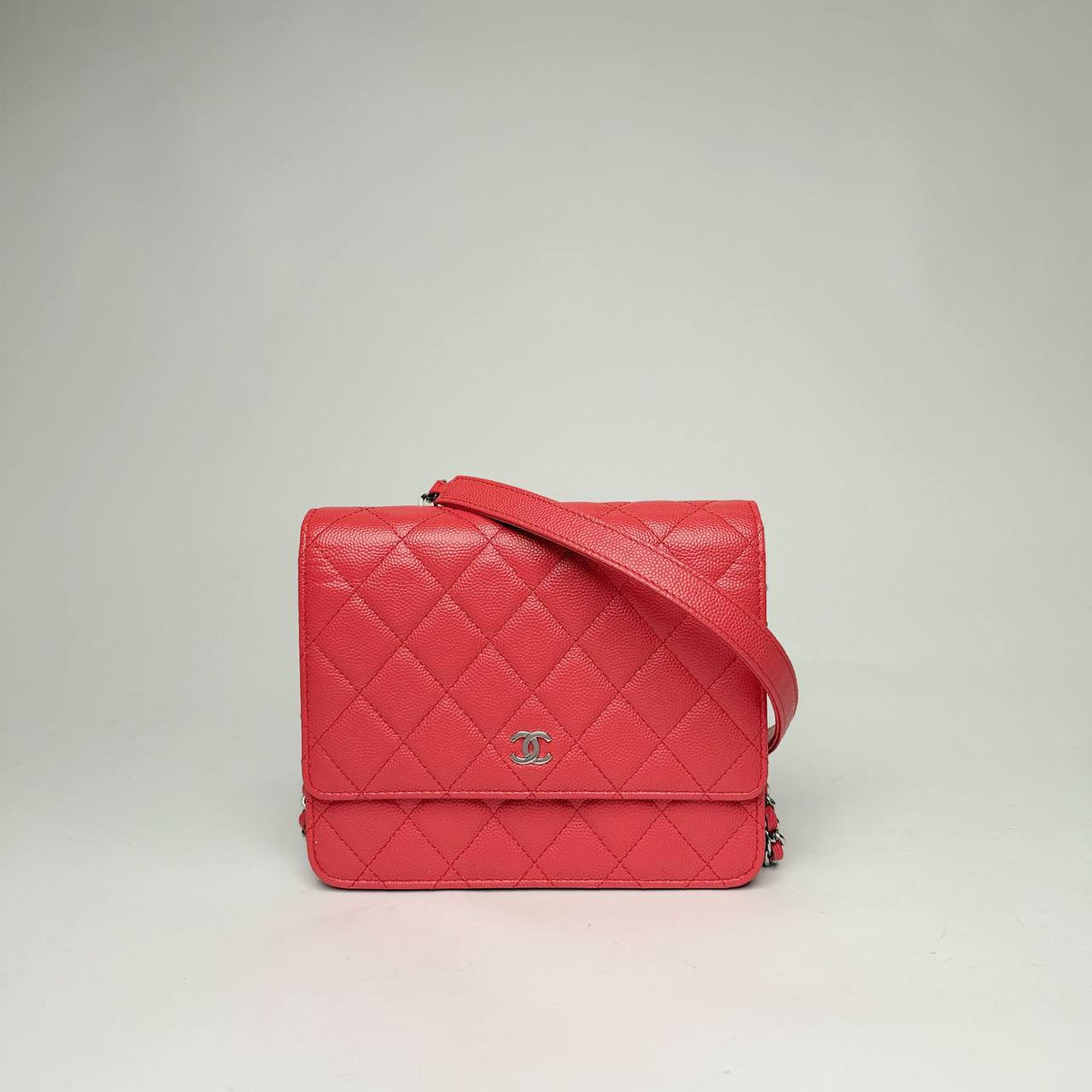 Chanel Classic Wallet on Chain in red quilted caviar leather with silver hardware, front view