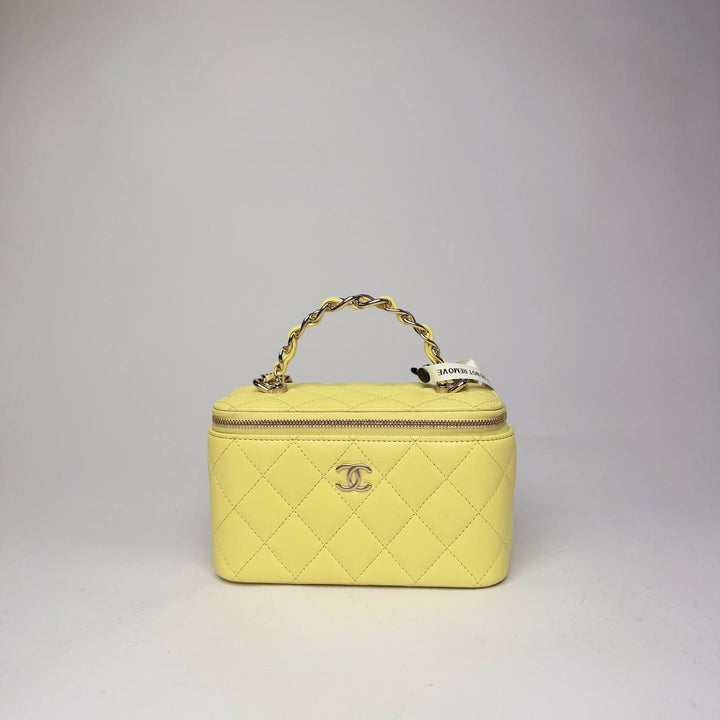 Chanel Top Handle Vanity Case with Chain in yellow quilted lambskin with light gold-tone CC, front view