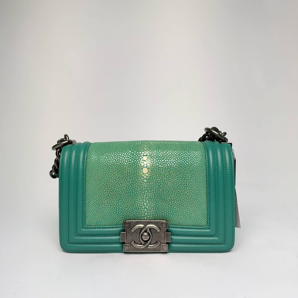 Chanel Boy Bag in turquoise galuchat with matching leather body and aged silver-tone hardware, front view