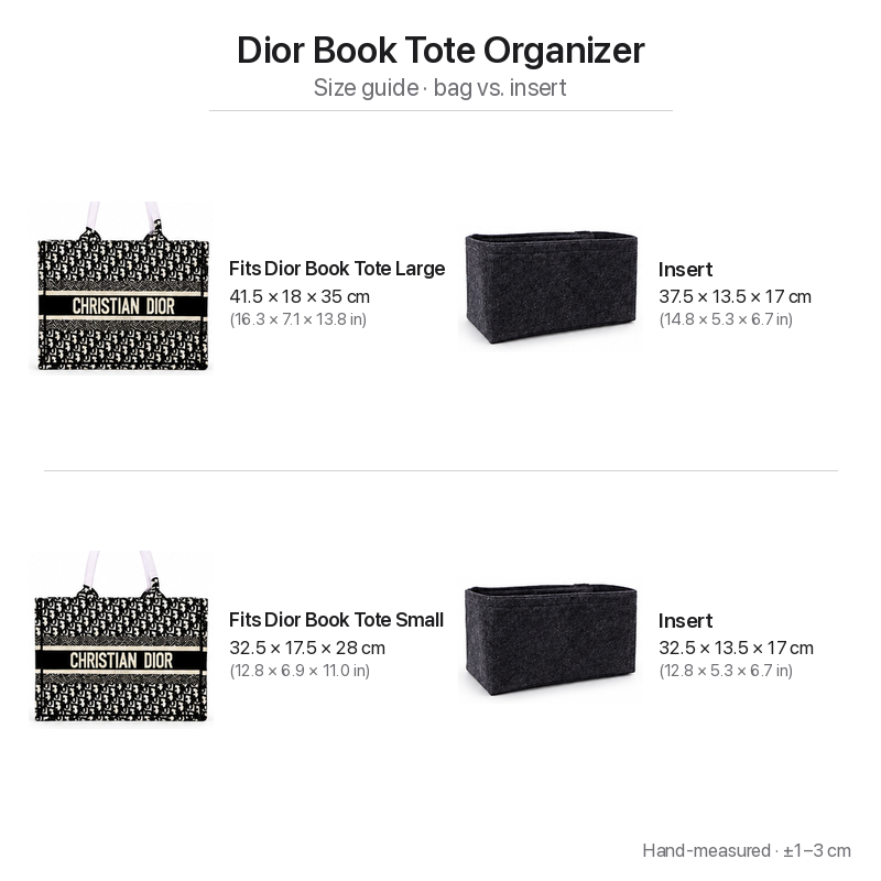 Size guide comparing Dior Book Tote Large and Small bag dimensions with felt insert dimensions