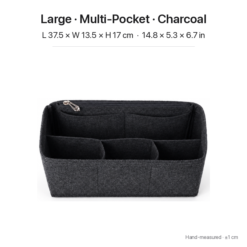 Charcoal felt bag organizer insert for Dior Book Tote Large, multi-pocket layout, top view showing pockets