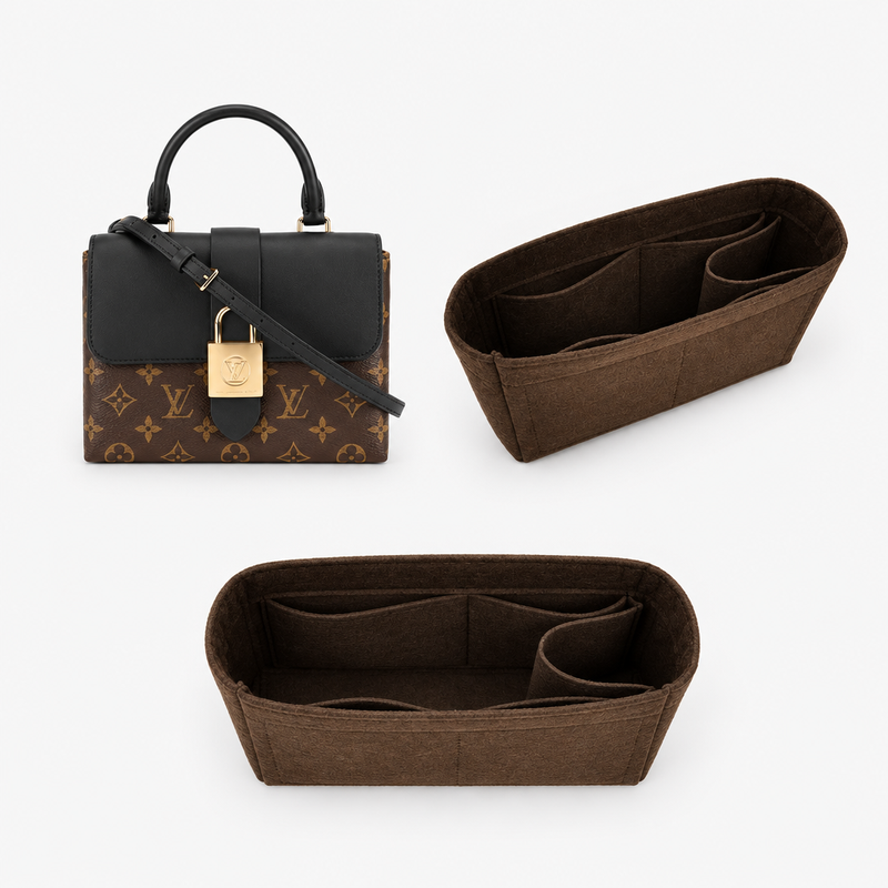 Coffee felt organizer insert for Louis Vuitton Locky BB, open top, two angles beside the bag