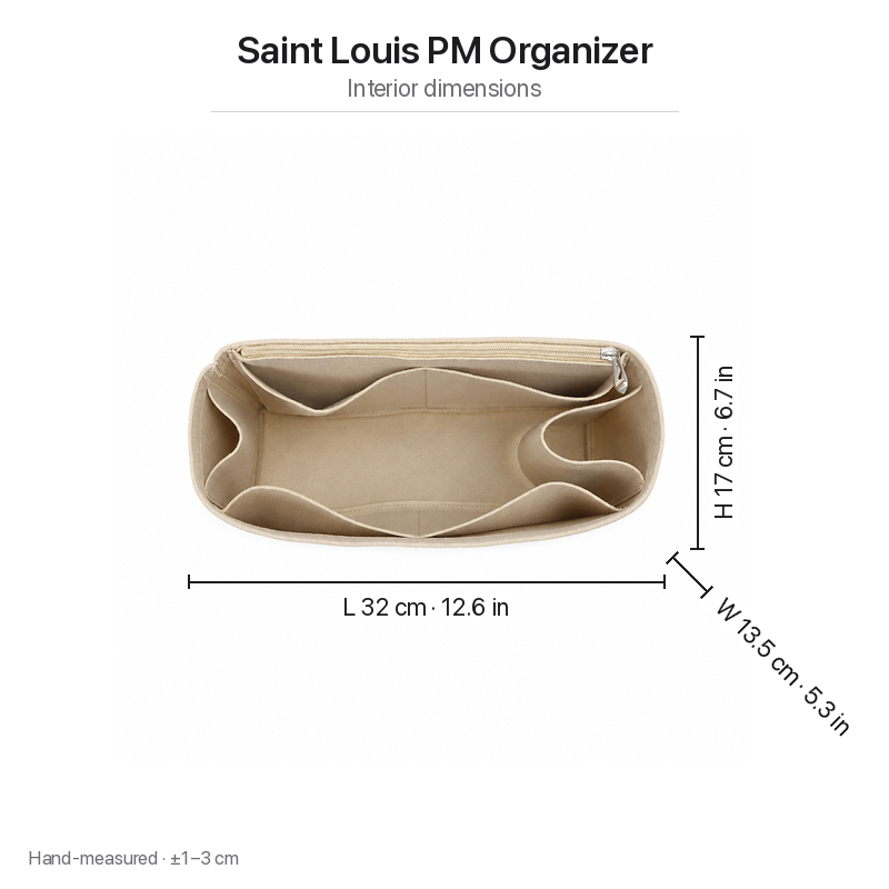 Interior dimensions chart for the Goyard Saint Louis PM felt organizer insert: 32 x 13.5 x 17 cm