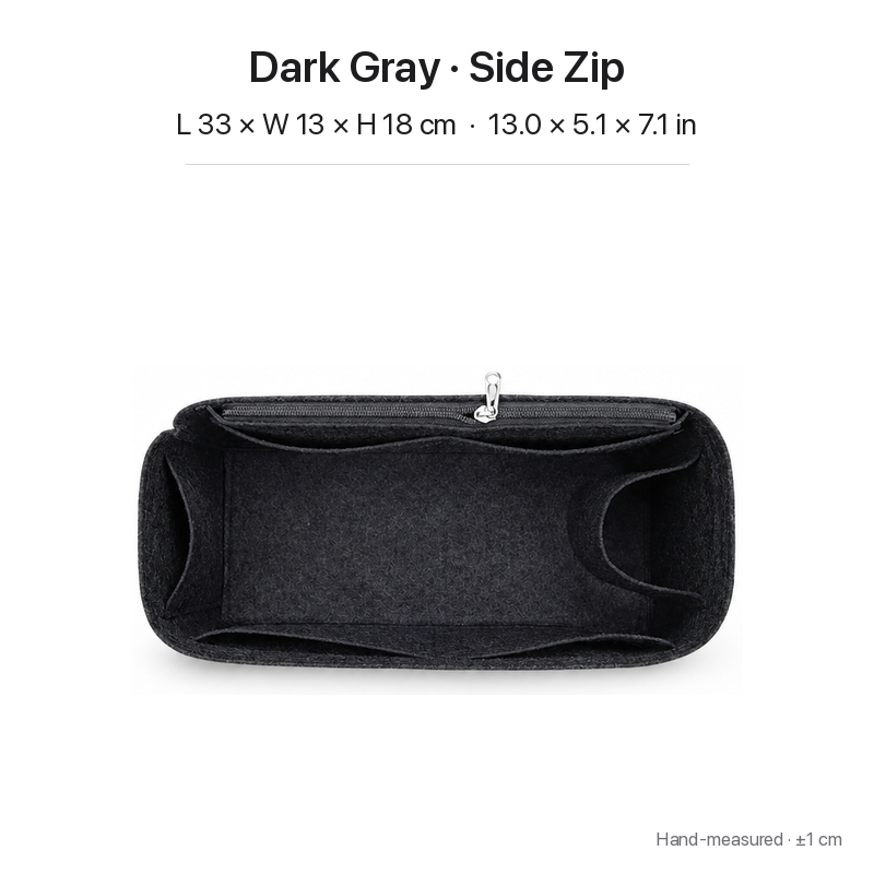 Dark gray felt bag organizer insert for Goyard Bohème Hobo, side zipper layout, top view showing pockets