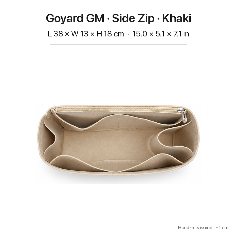 Khaki felt bag organizer insert for Goyard Saint Louis GM, side zipper layout, top view showing pockets