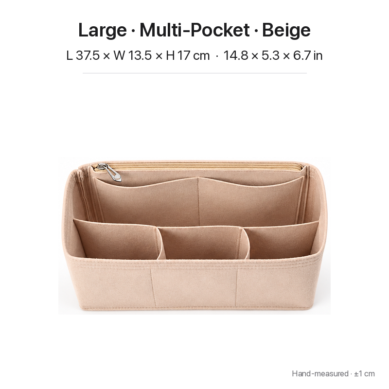 Beige felt bag organizer insert for Dior Book Tote Large, multi-pocket layout, top view showing pockets