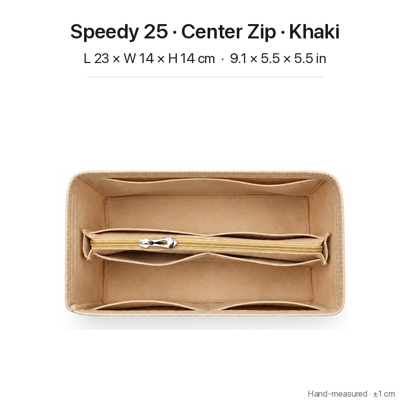 Khaki felt bag organizer insert for Louis Vuitton Speedy 25, center zipper layout, top view showing pockets