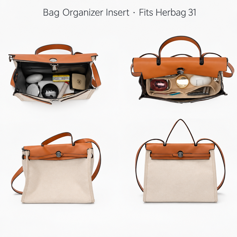 Hermès Herbag 31 open from above without and with a beige felt insert, plus front and back views of the bag