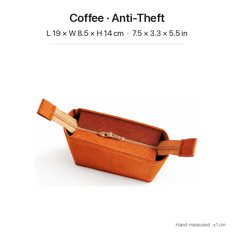Coffee felt bag organizer insert for Goyard Saint Louis Mini, anti-theft zipper top with pull tabs, 19 x 8.5 x 14 cm