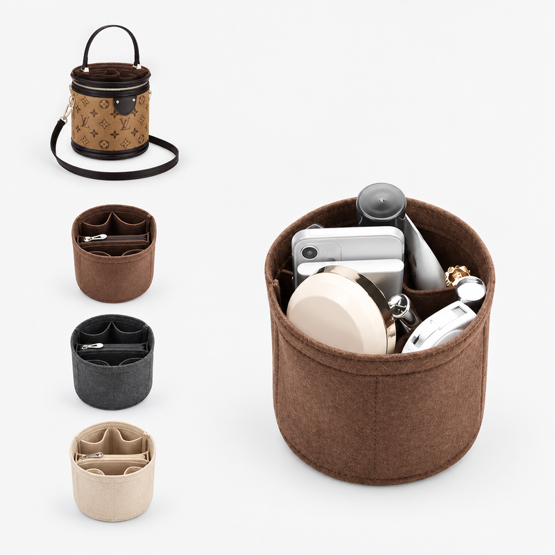 Coffee, gray and beige felt organizer inserts for Louis Vuitton Cannes, with one insert holding a phone and compact