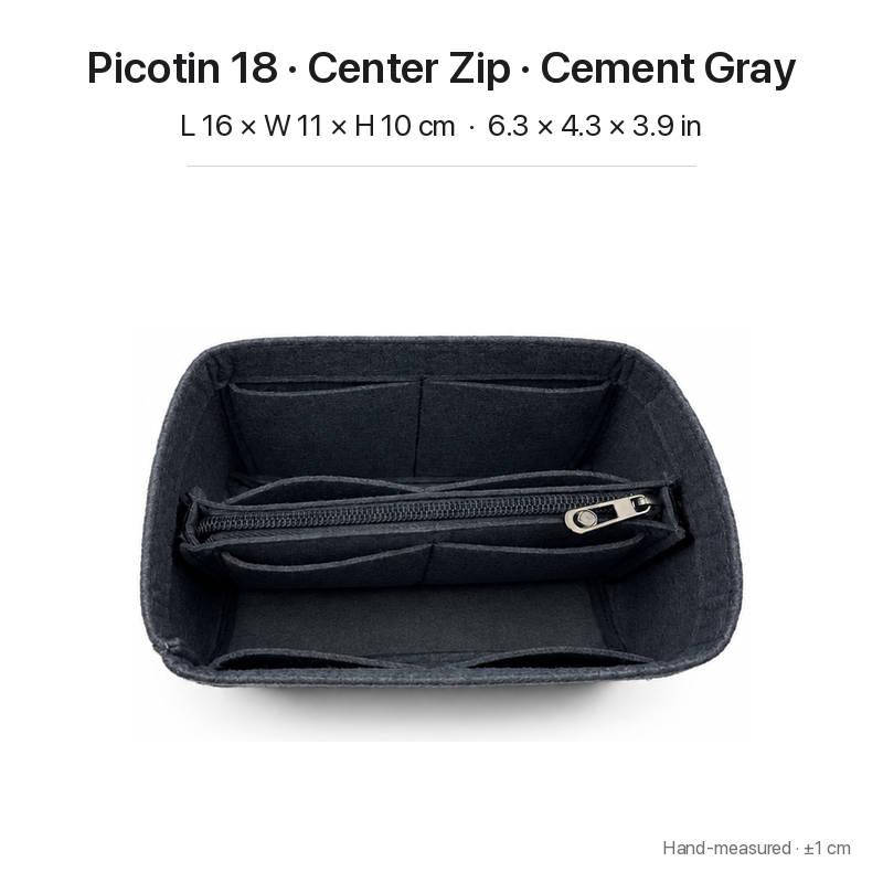 Cement gray felt bag organizer insert for Hermès Picotin 18, center zipper layout, top view showing pockets