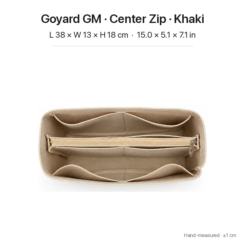 Khaki felt bag organizer insert for Goyard Saint Louis GM, center zipper layout, top view showing pockets