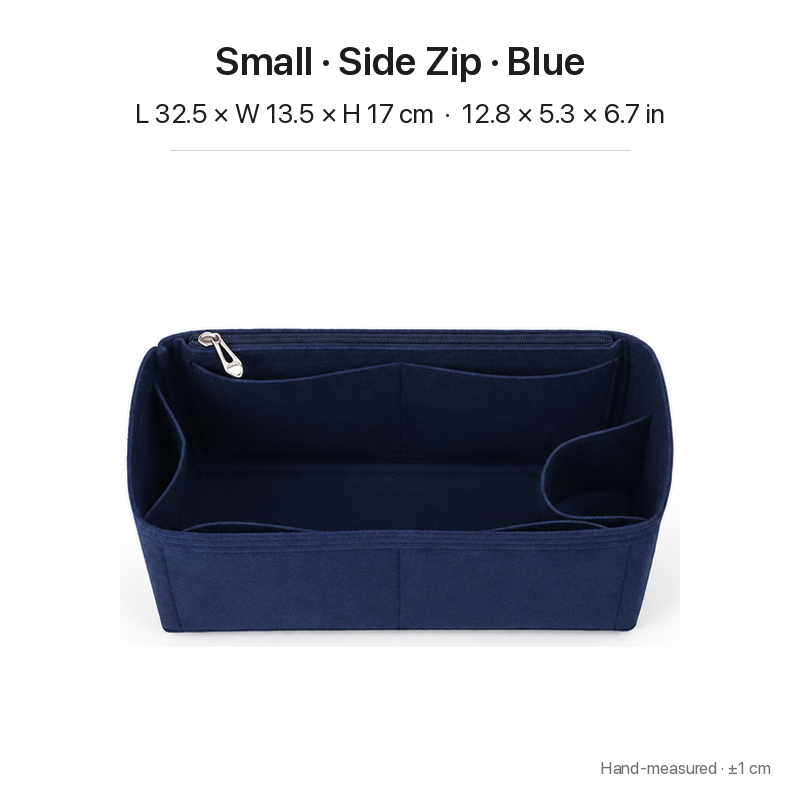 Blue felt bag organizer insert for Dior Book Tote Small, side zipper layout, top view showing pockets