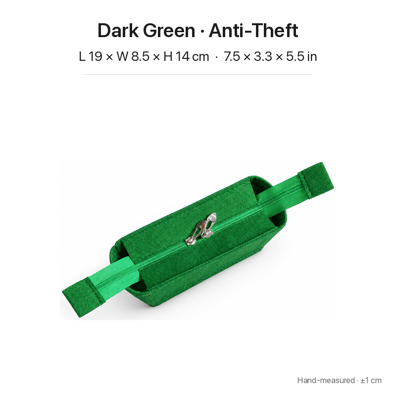 Dark green felt bag organizer insert for Goyard Saint Louis Mini, anti-theft zipper top with pull tabs, 19 x 8.5 x 14 cm