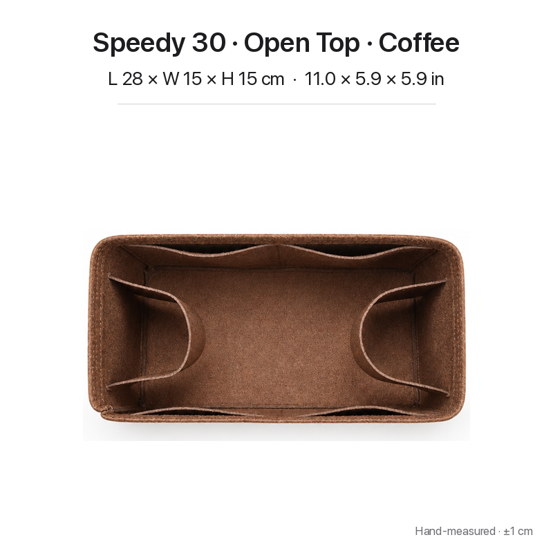 Coffee felt bag organizer insert for Louis Vuitton Speedy 30, open top, top view showing pockets