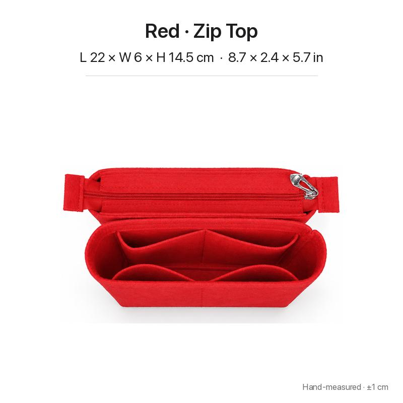 Red felt bag organizer insert for Louis Vuitton NeoNoe MM, zipper top, two-section top view