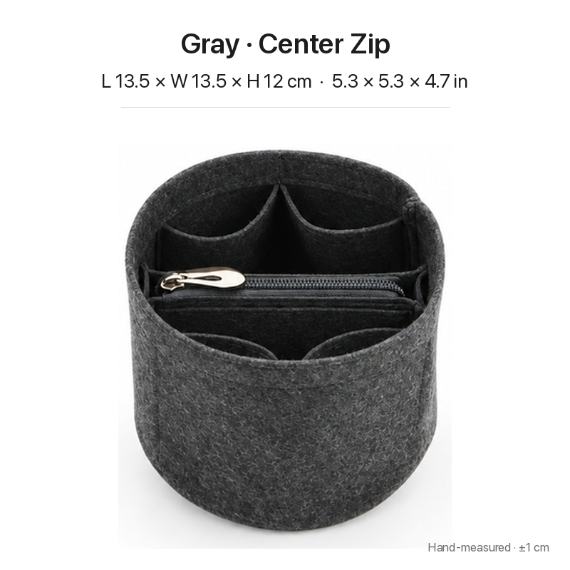 Gray felt bag organizer insert for Louis Vuitton Cannes, center zipper layout, top view showing pockets
