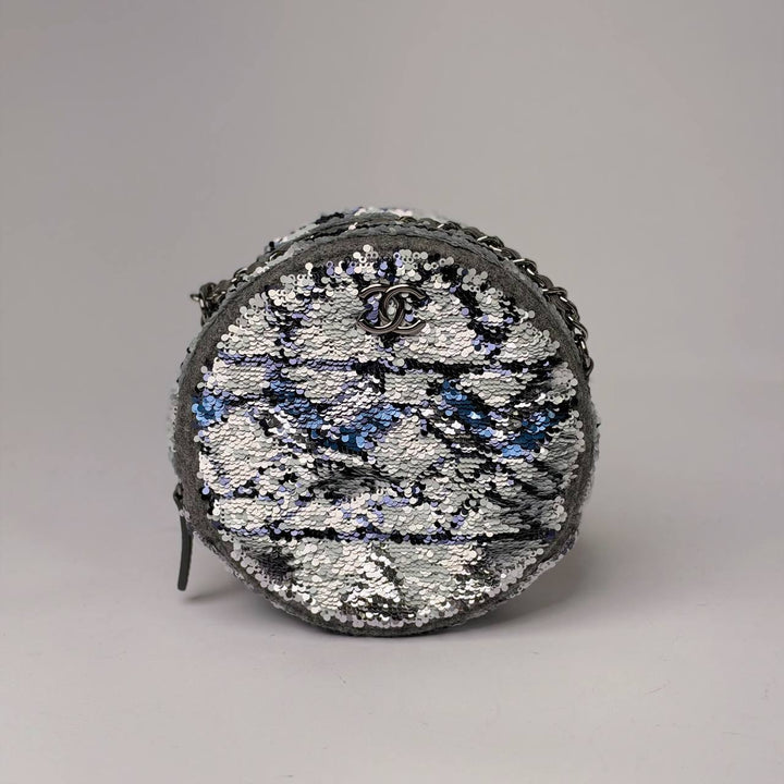 Chanel Round Clutch with Chain in silver, blue and black sequins with silver-tone CC logo, front view