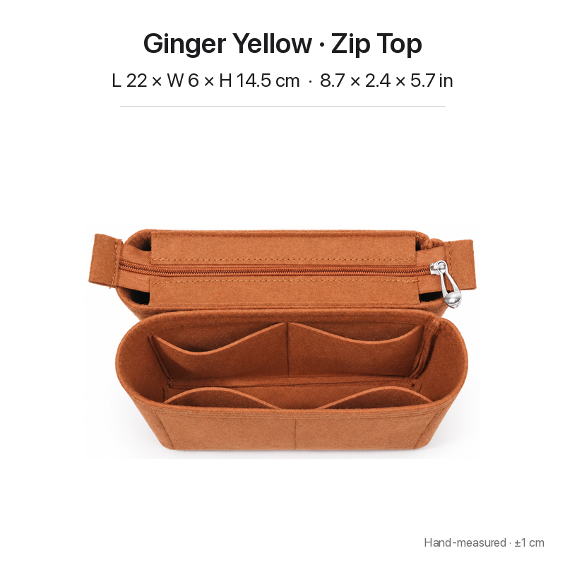 Ginger yellow felt bag organizer insert for Louis Vuitton NeoNoe MM, zipper top, two-section top view
