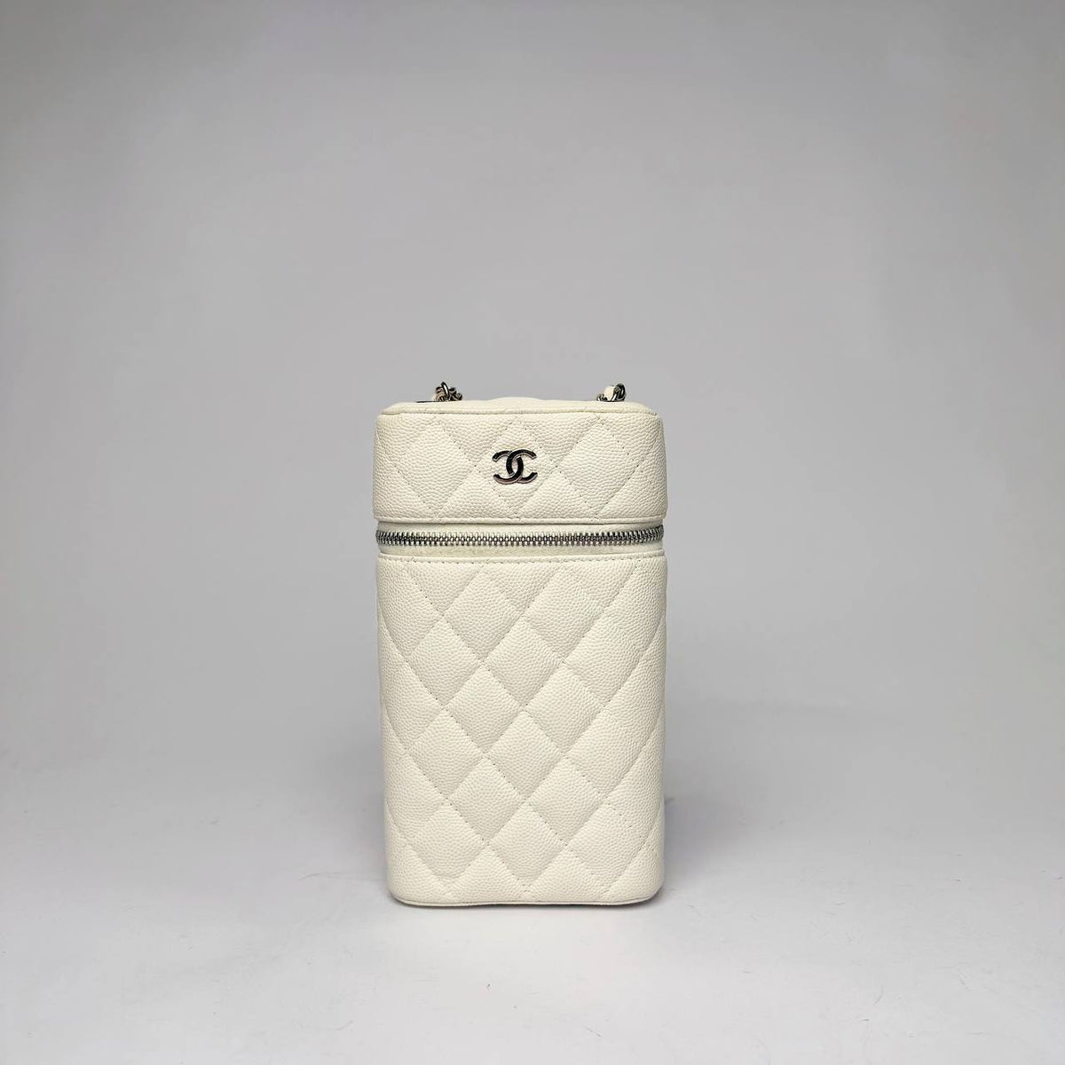 Chanel Classic Vanity Phone Holder with Chain in white quilted leather with silver hardware, front view