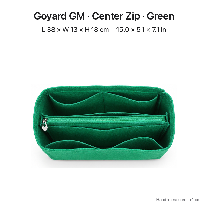 Green felt bag organizer insert for Goyard Saint Louis GM, center zipper layout, top view showing pockets