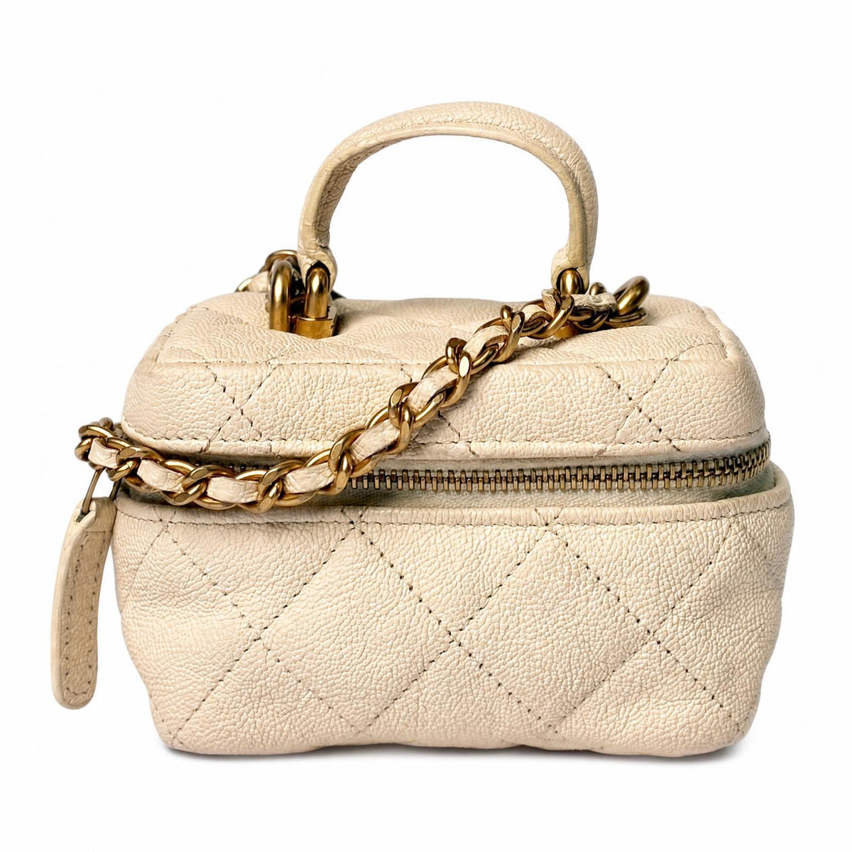 Chanel Mini Top Handle Vanity Case with Chain in beige quilted grained leather with gold hardware, front view