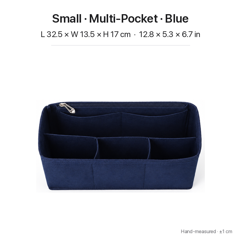 Blue felt bag organizer insert for Dior Book Tote Small, multi-pocket layout, top view showing pockets