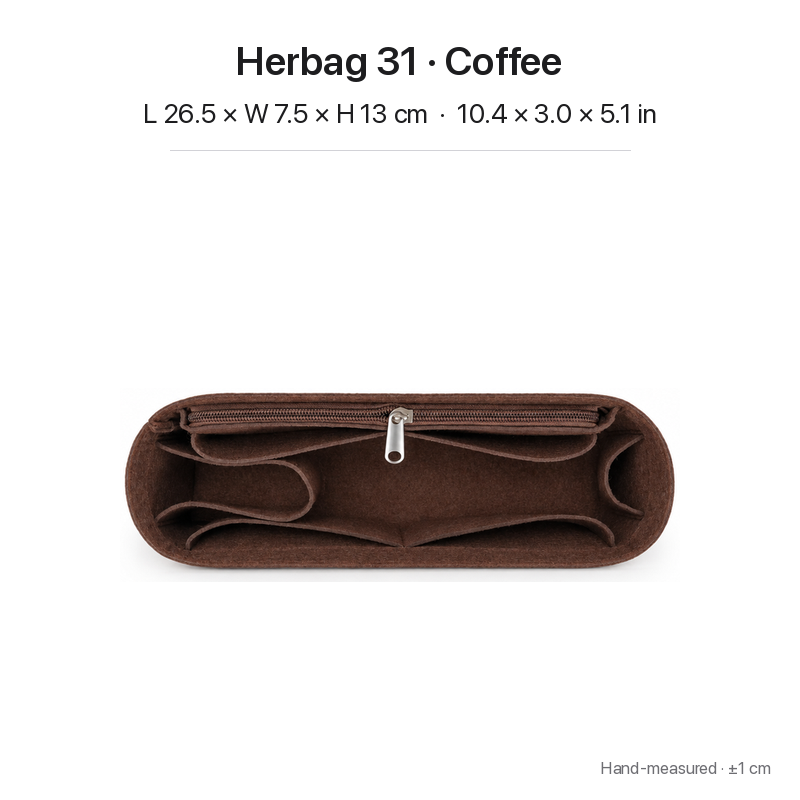 Coffee felt bag organizer insert for Hermès Herbag 31, zipper pocket, top view showing pockets