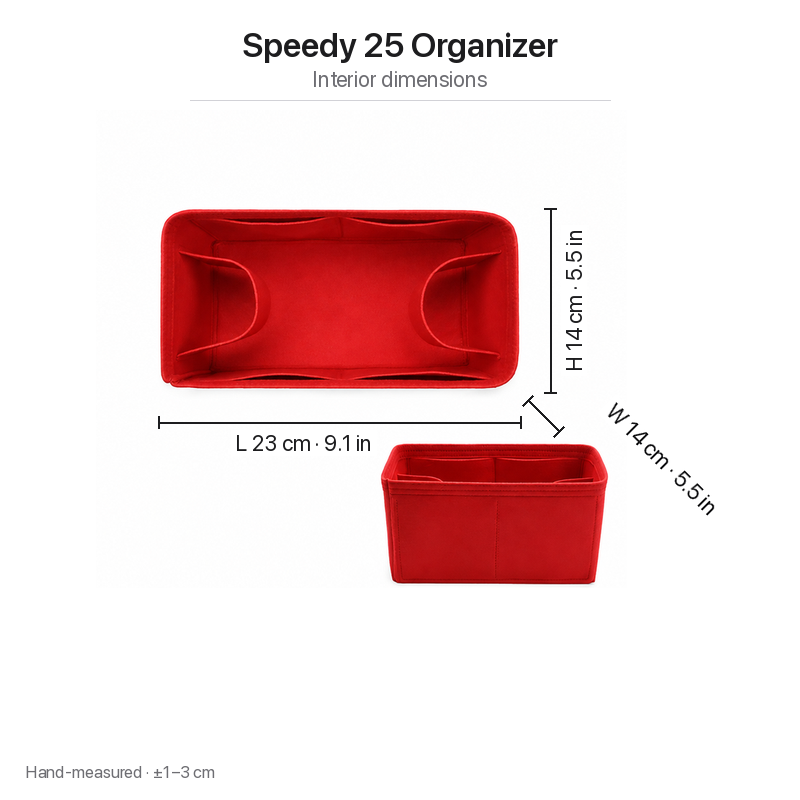 Interior dimensions chart for the Speedy 25 felt organizer insert, red: 23 x 14 x 14 cm