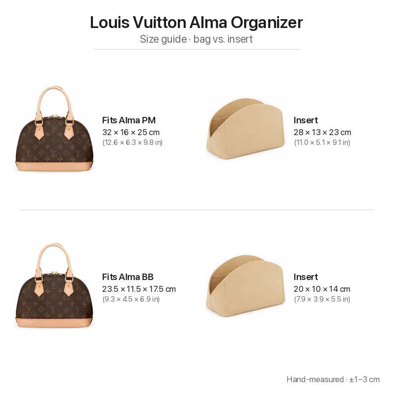 Size guide comparing Louis Vuitton Alma PM and BB bag dimensions with felt insert dimensions