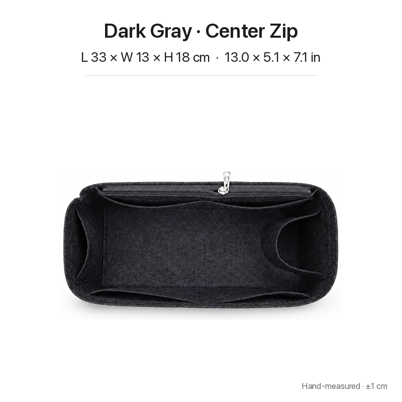 Dark gray felt bag organizer insert for Goyard Bohème Hobo, center zipper layout, top view showing pockets