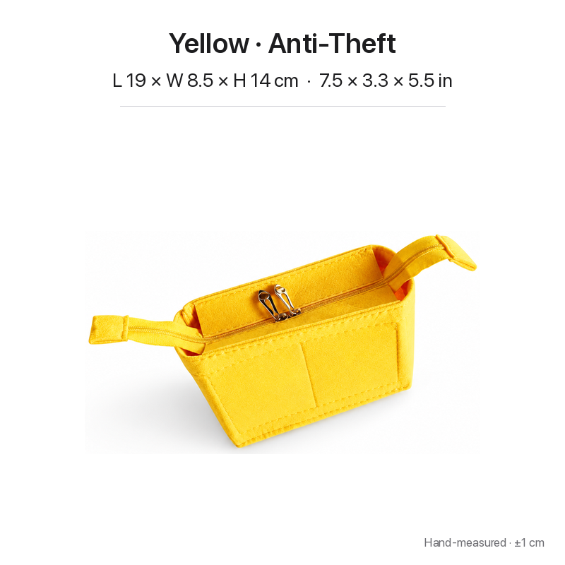 Yellow felt bag organizer insert for Goyard Saint Louis Mini, anti-theft zipper top with pull tabs, 19 x 8.5 x 14 cm