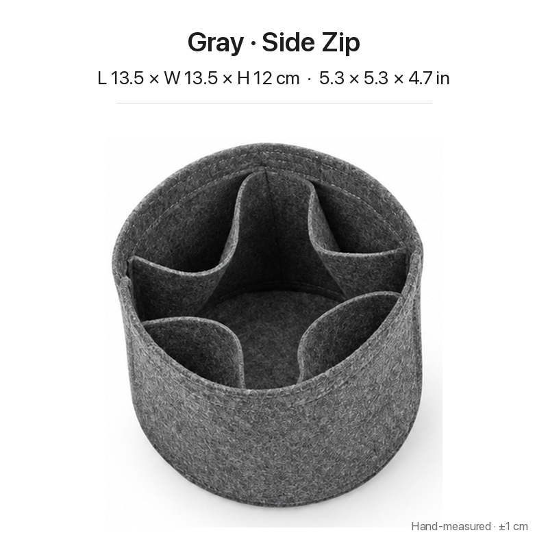 Gray felt bag organizer insert for Louis Vuitton Cannes, side zipper layout, top view showing pockets