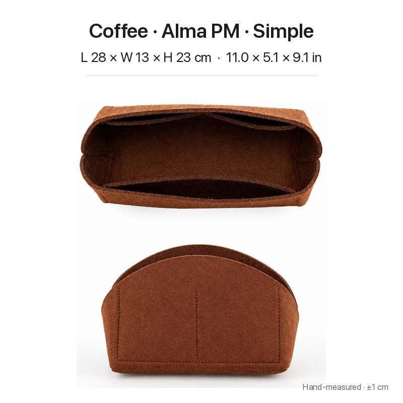 Coffee felt bag organizer insert for Louis Vuitton Alma PM, simple version, top and front views