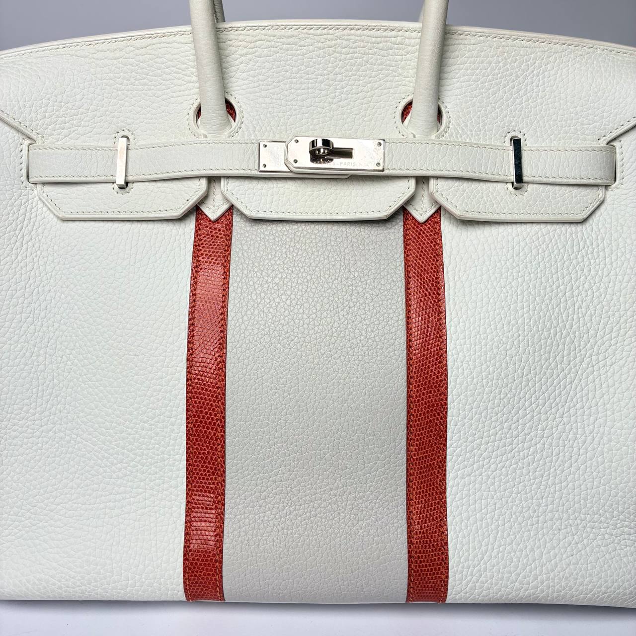 Hermès Club Birkin 35 Gris Perle Clemence and Sanguine Lizard Palladium Hardware — view 4 of 4
