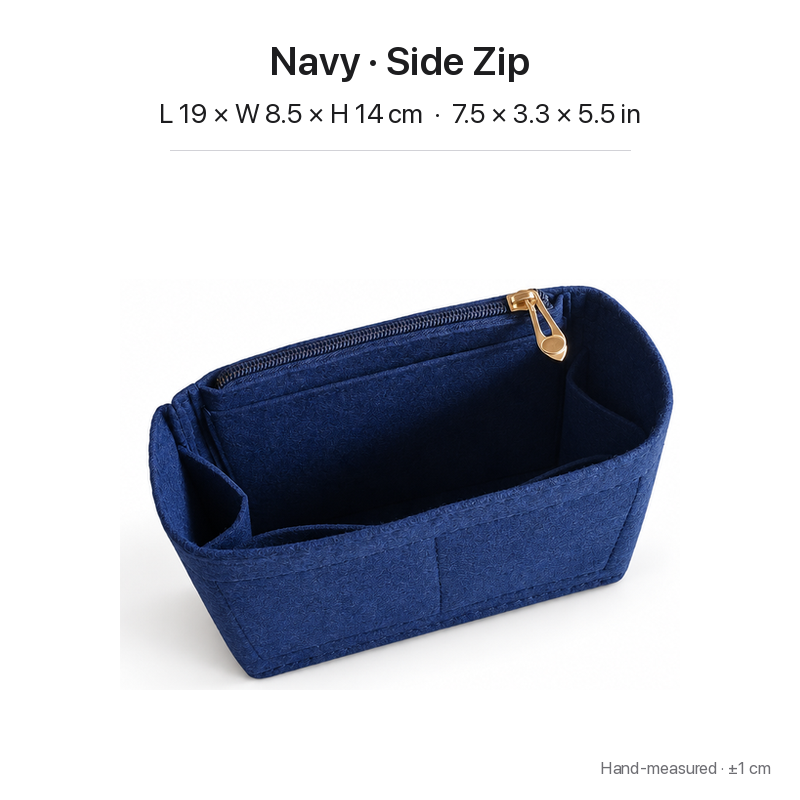 Navy felt bag organizer insert for Goyard Saint Louis Mini, side zipper pocket, 19 x 8.5 x 14 cm