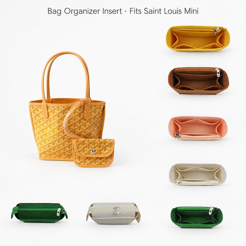 Felt organizer inserts for Goyard Saint Louis Mini in six colors around a yellow Saint Louis Mini tote