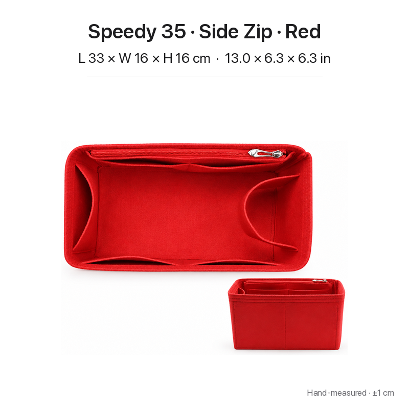Red felt bag organizer insert for Louis Vuitton Speedy 35, side zipper layout, top and front views