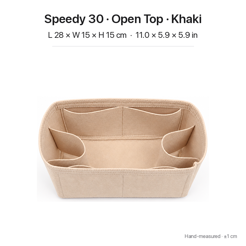 Khaki felt bag organizer insert for Louis Vuitton Speedy 30, open top, top view showing pockets
