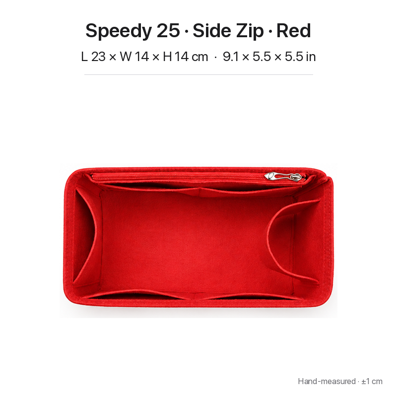 Red felt bag organizer insert for Louis Vuitton Speedy 25, side zipper layout, top view showing pockets