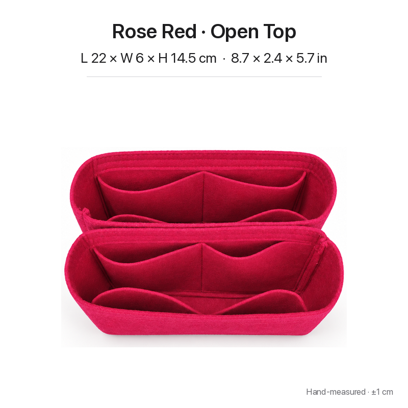 Rose red felt bag organizer insert for Louis Vuitton NeoNoe MM, open top, two-section top view