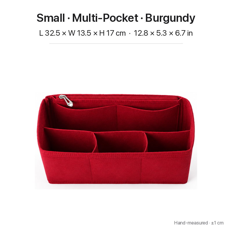 Burgundy felt bag organizer insert for Dior Book Tote Small, multi-pocket layout, top view showing pockets