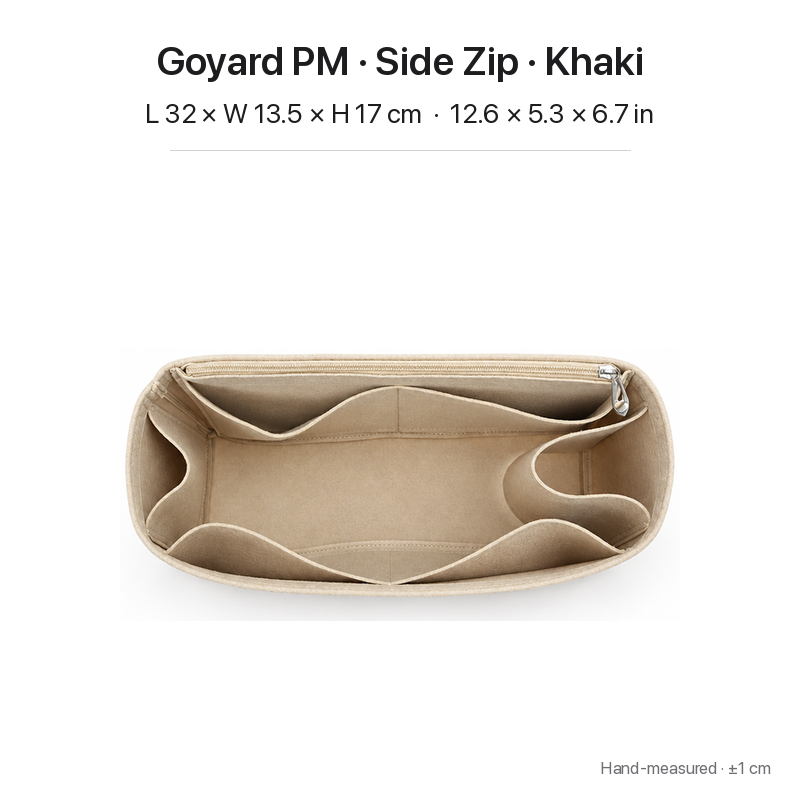 Khaki felt bag organizer insert for Goyard Saint Louis PM, side zipper layout, top view showing pockets