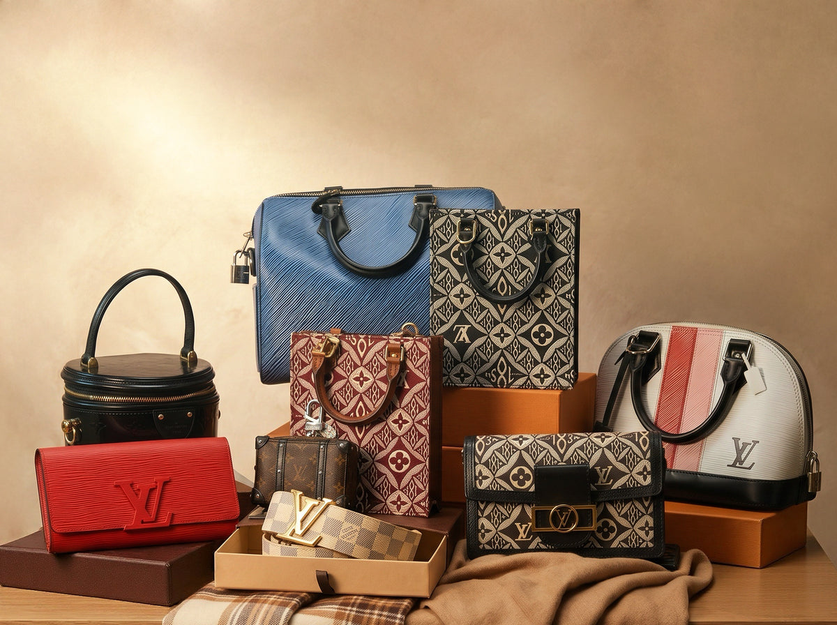 A lineup of colourful designer handbags on a pale backdrop