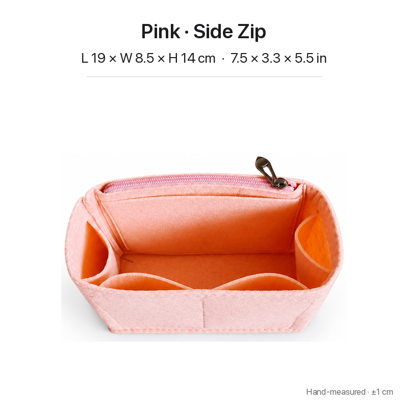 Pink felt bag organizer insert for Goyard Saint Louis Mini, side zipper pocket, 19 x 8.5 x 14 cm