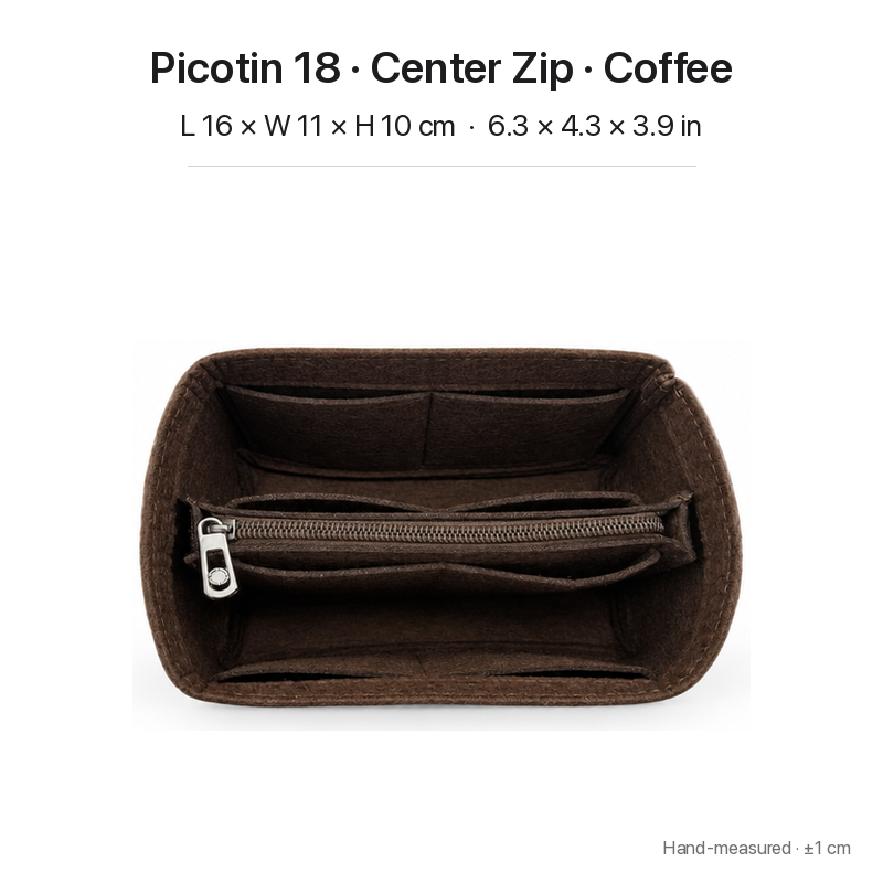 Coffee felt bag organizer insert for Hermès Picotin 18, center zipper layout, top view showing pockets