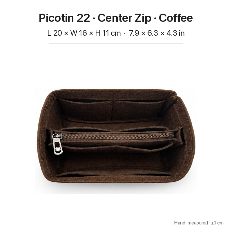 Coffee felt bag organizer insert for Hermès Picotin 22, center zipper layout, top view showing pockets