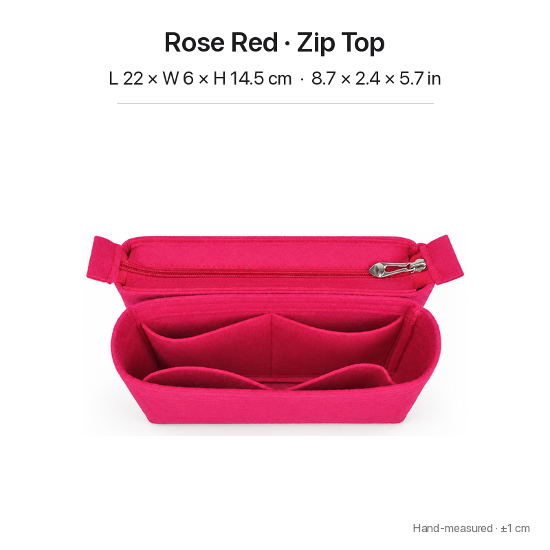 Rose red felt bag organizer insert for Louis Vuitton NeoNoe MM, zipper top, two-section top view