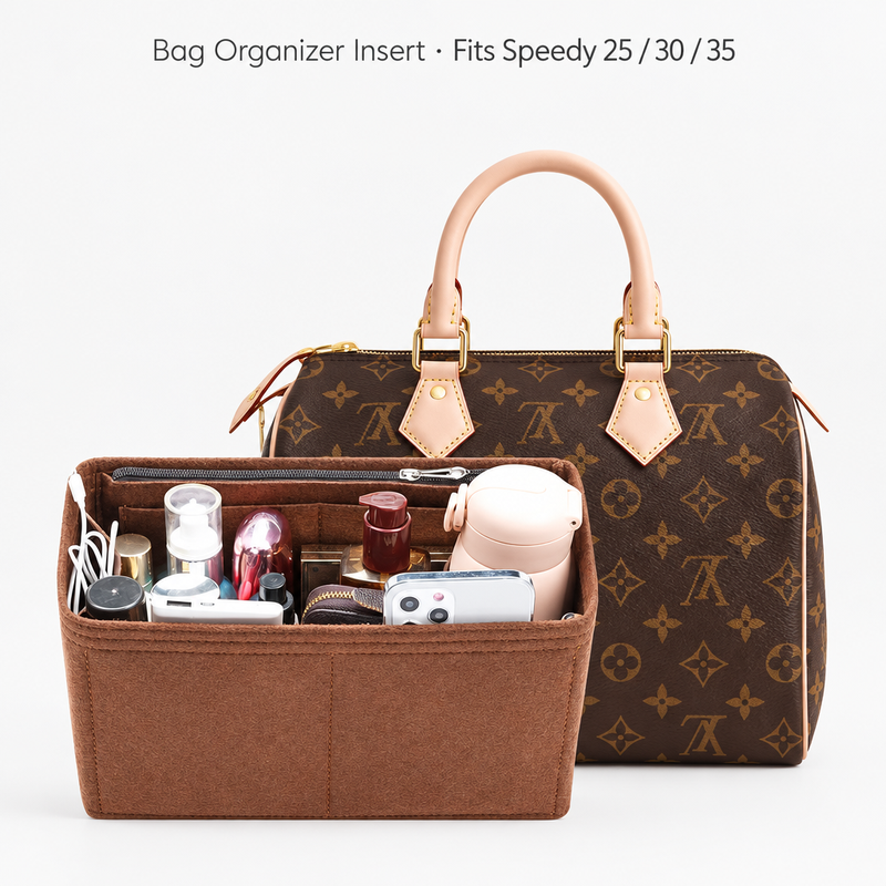 Coffee felt organizer insert for Louis Vuitton Speedy 25, 30 and 35 filled with essentials, with a fit caption