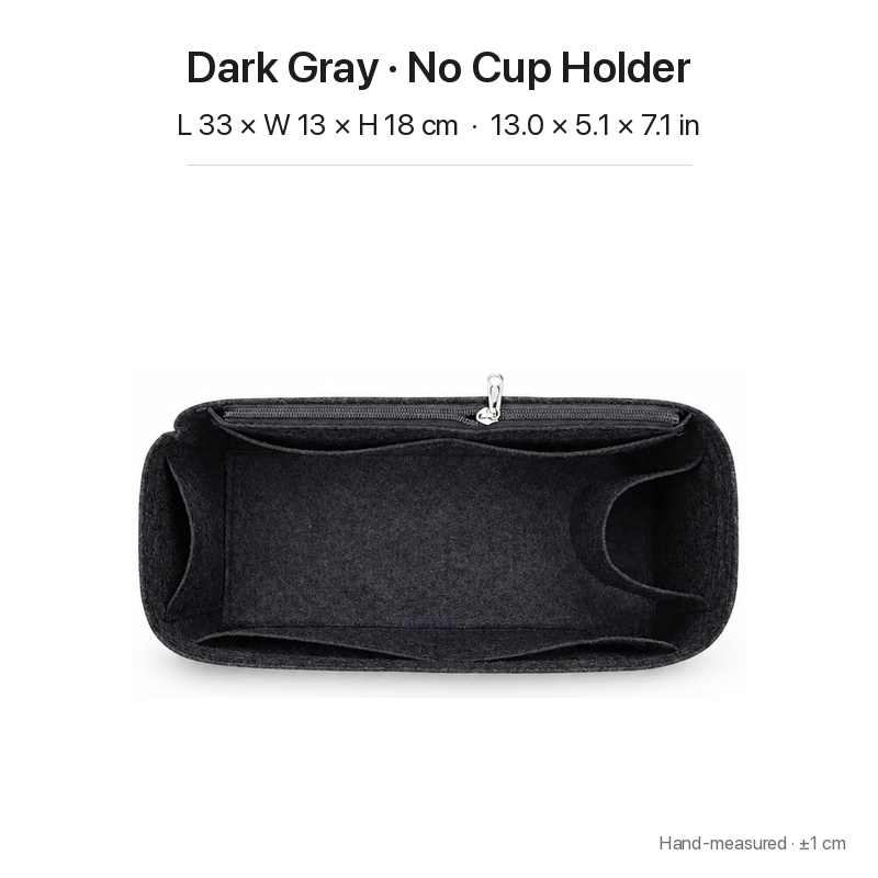 Dark gray felt bag organizer insert for Goyard Bohème Hobo, no-cup-holder layout, top view showing pockets